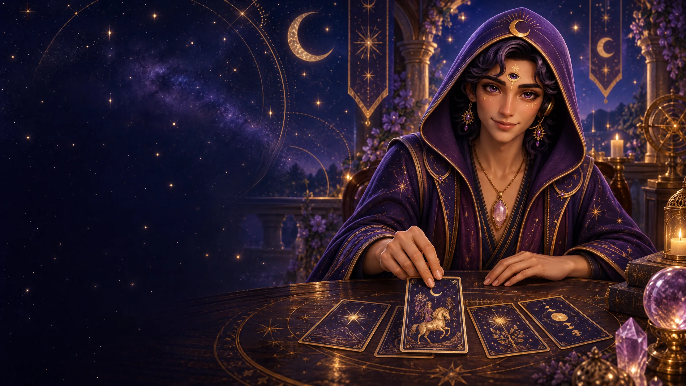 A Oráculo a tirar cartas de Tarot numa mesa, com cristais e velas