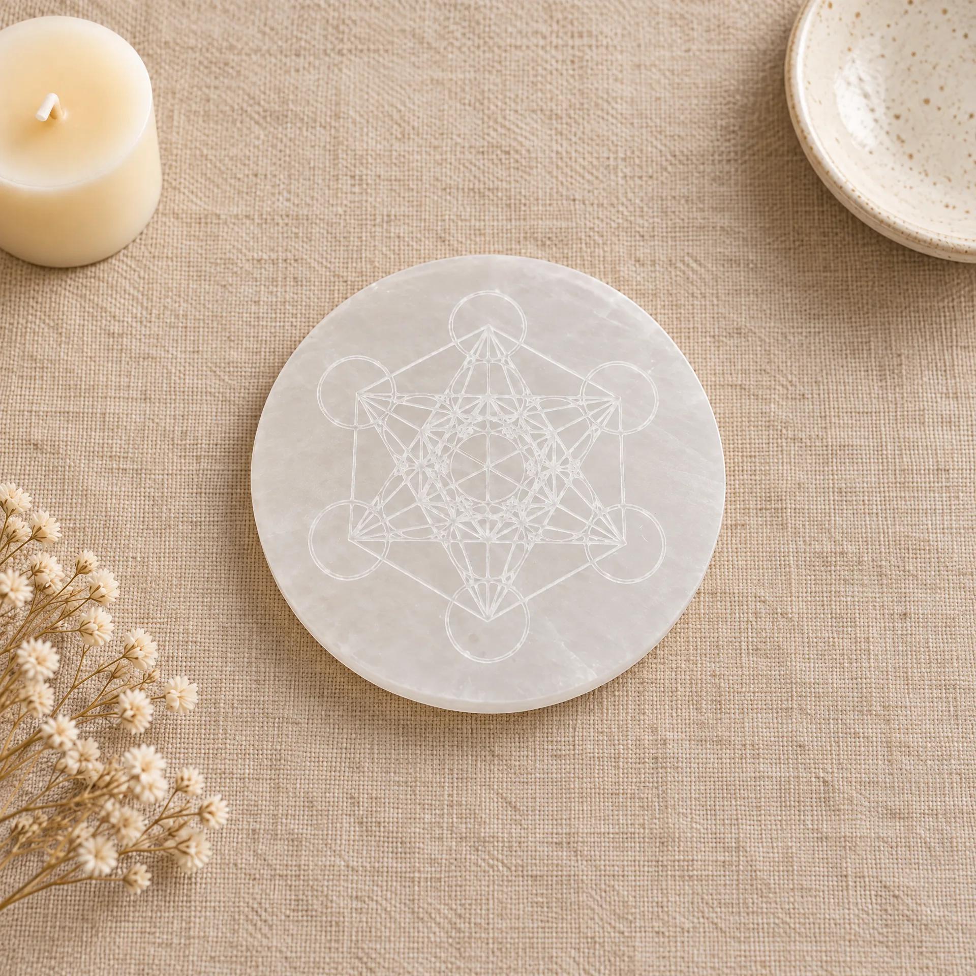 Base de selenita com cubo metatron