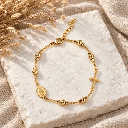 Pulseira com medalha de Nossa Senhora e cruz em aço inoxidável