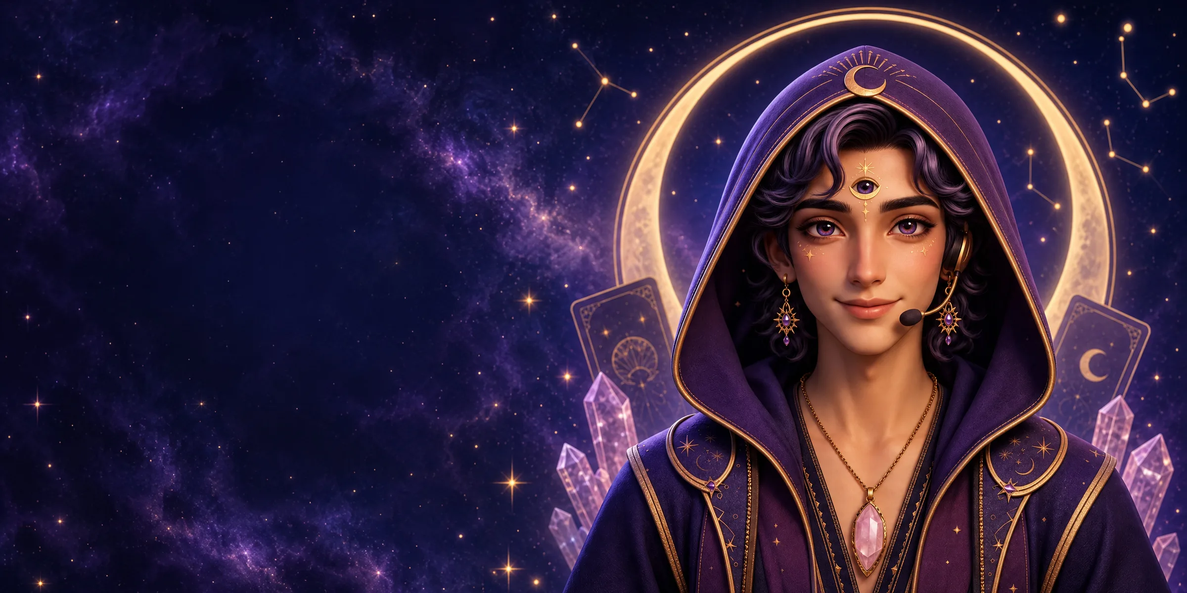 A Oráculo, assistente virtual da 7 Chakras, com cartas de Tarot e cristais