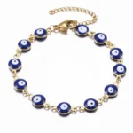 Pulseira olho turco ou olho grego dourada, em aço inoxidável 304, com 19,5 cm e ajustável.