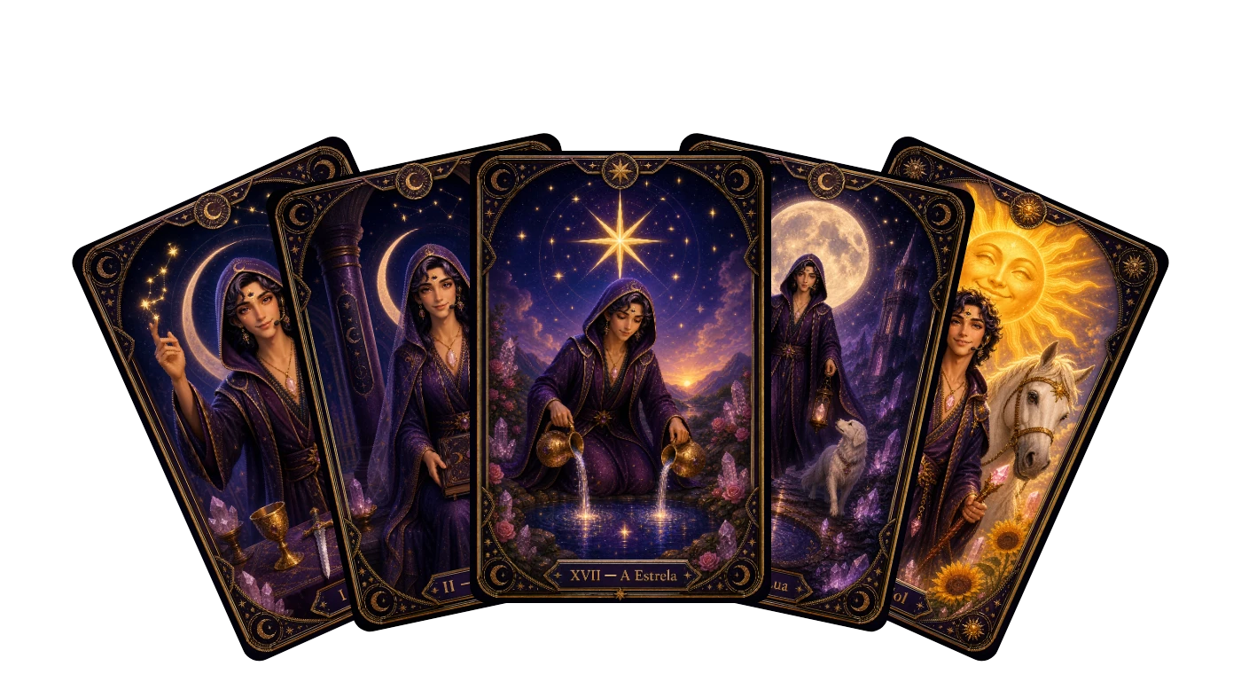Leque de cartas de Tarot: O Mago, A Sacerdotisa, A Estrela, A Lua e O Sol