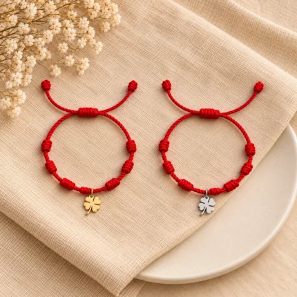 Pulseira dos 7 Nós com Trevo da Sorte dourado e prateado
